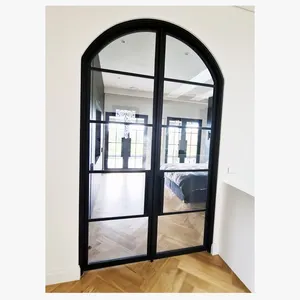 Porta d'ingresso con telaio nero design personalizzato porta a battente ad arco in vetro e acciaio verniciato a polvere