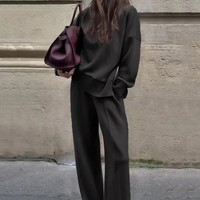 Offre Spéciale femmes sweats à capuche survêtement couleur unie col rond surdimensionné sweat large jambe pantalon ensemble décontracté sweat 2 pièces ensemble
