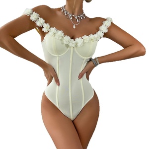 Women's Off-Shoulder Stretch <strong>Bodysuit</strong> with 3D Floral Appliqu&eacute; - Elegant <strong>Cream</strong> Corset-Style Top (Wholesale, OEM/ODM) - Product Image 5