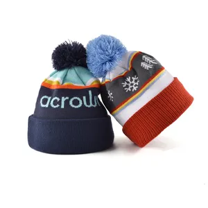 Design your own private brand acrylic knit wholesale winter beanies with ball puff poms