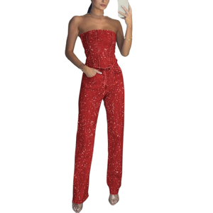 Elegante Completo Estivo da <span class=keywords><strong>Donna</strong></span> Lunghezza al Ginocchio con Top Lucido Senza Spalle e <span class=keywords><strong>Pantaloni</strong></span> con Diamanti per il Mercato Europeo e Americano - Product Image 3