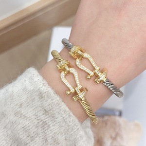 Bracelet en fil d'acier inoxydable torsadé <span class=keywords><strong>Fred</strong></span> avec fermoir fer à cheval et diamants entièrement sertis, plaqué or 18 carats, vente en gros, bijoux pas chers - Product Image 1