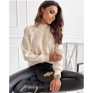Mybeefashion Women's Beige Shoulder Button Detail <b>Pullover</b> <b>Sweater</b>, Standard Fit Acrylic Wool Blend Knit Top - Product Image 1