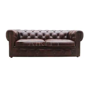 Antique Top-grain leather love seats Chesterfield Sofa Set for Living room Hotel Club Furniture