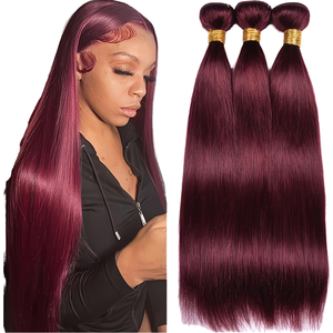 Extensions de cheveux humains brésiliens vierges non traités 99J Bourgogne, lisses et ondulés, en trame plate, pour femmes - Product Image 1