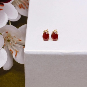 Ruby 10K Gold Oval Stud Solitaire <b>Earrings</b> Natural Gemstone Fluted Hoops Everyday Fine Trendy Women's Vintage Fashion Jewelry - Product Image 1