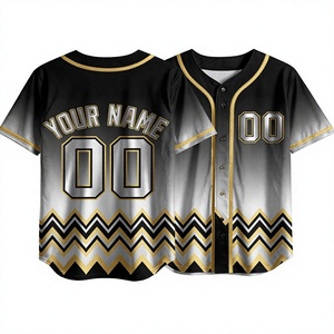 Camiseta de Béisbol Personalizada con Degradado Negro, Gris y Dorado, Patrón Chevron, Nombre y Número Personalizados, Uniforme de Equipo con Botones, Venta al Por Mayor - Product Image 1
