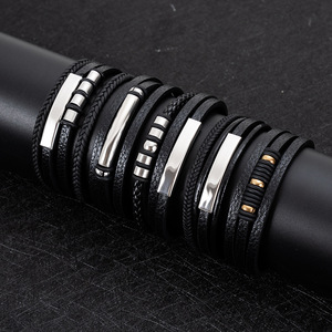 Pulsera de Cuero de Doble Capa Grabable en Acero Inoxidable Vintage para Hombre - Product Image 1