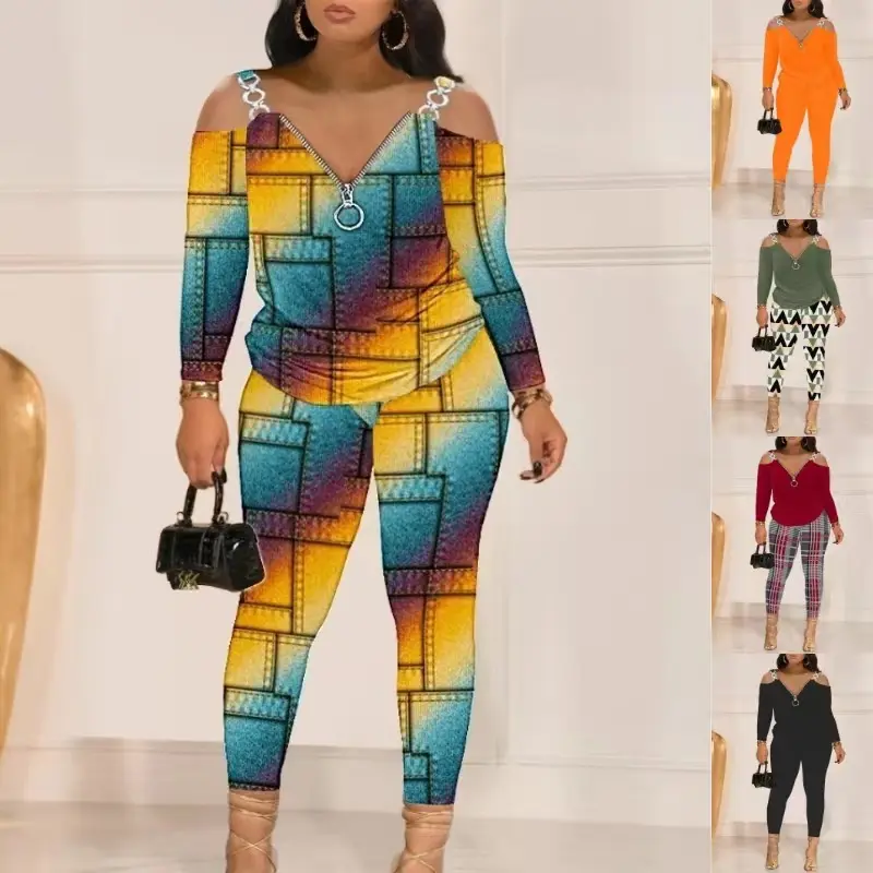 Otoño 2023 ropa de mujer fuera del hombro con paneles de manga larga con estampado gráfico conjunto de Pantalones de mujer