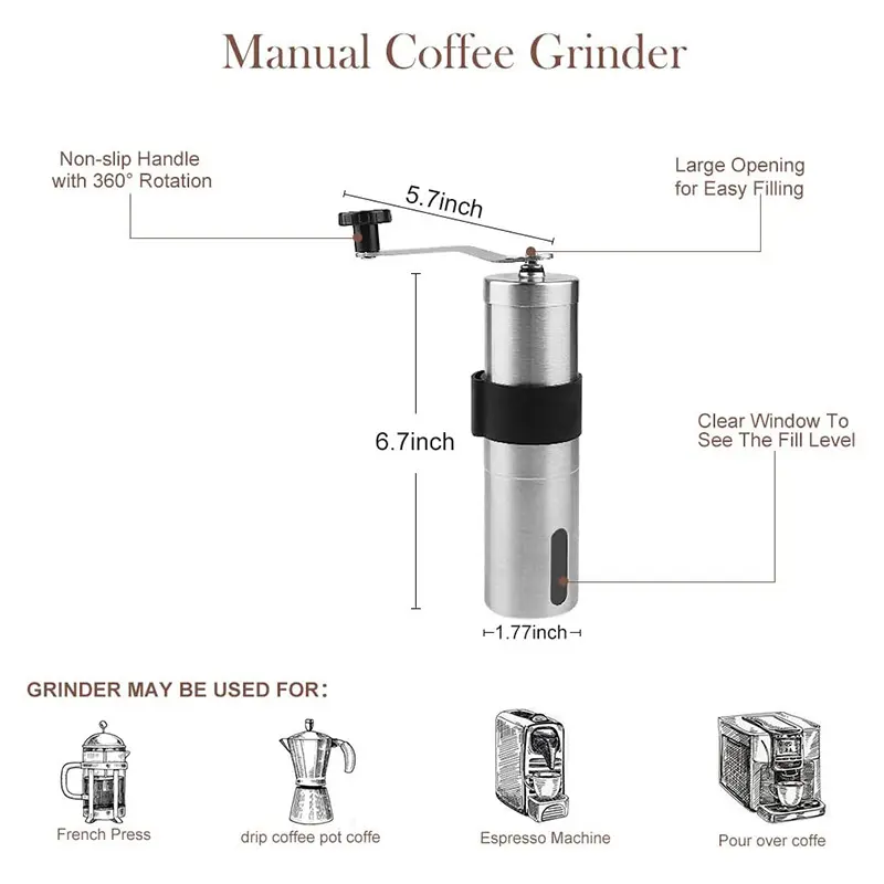 Premium Portable Stainless Steel Manual Coffee Grinder with Ceramic Burr Core