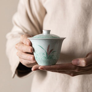 Hand Painted Reed Gaiwan Porcelain With Lid Sprinkled Green Kung Fu <b>Tea</b> <b>Set</b> - Product Image 1
