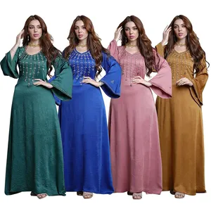 CY500100 럭셔리 두바이 트렌드 맥시 드레스 솔리드 이슬람 Abaya Kurti 이슬람 의류 라인 석 긴 소매 드레스