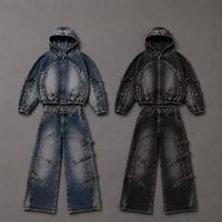 Ensemble sweat à capuche zippé et pantalon en jean délavé vintage pour homme – Ensemble streetwear baggy déchiré en jean épais style workwear