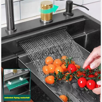 Cascade volante robinet extractible noir gris, lave-gobelet en acier inoxydable 304 nano moderne profond grand évier de cuisine avec passoire