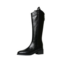 Bottes d'équitation d'hiver en cuir véritable à bout pointu, talon épais, montantes jusqu'au genou, avec fermeture éclair