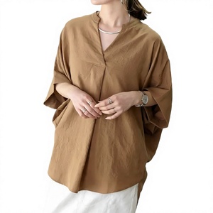 Women's Linen V-Neck Blouse Kimono <b>Sleeve</b> Asymmetric Loose Fit Solid Color Minimalist Style Breathable <b>Long</b> <b>Top</b> - Product Image 3