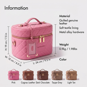 Sac de toilette en cuir matelassé LZ Factory, trousse de maquillage, pochette de voyage cosmétique, organiseur pour femmes, étiquette de bagage détachable, boîte rose - Product Image 2