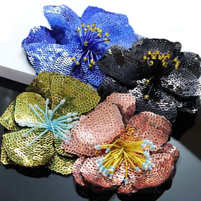 تصميم الأزياء 3D زهرة من الترتر خياطة على زين متعدد الطبقات اليدوية الديكور الأزهار بقع للنساء الملابس