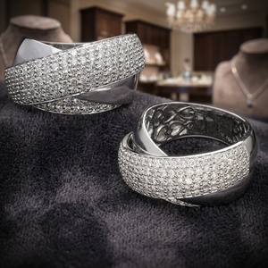 Bague large croisée en or blanc 14 carats plaqué rhodium avec diamants naturels sertis pavé, design classique multi-rangs entrecroisés, pour mariage - Product Image 4