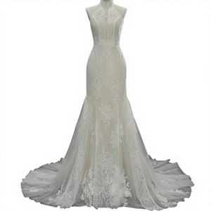 Robe de mariée sirène moderne SFY334 style bohème avec broderie florale en dentelle et appliques de cristaux - Product Image 1