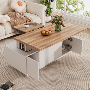 सफेद लकड़ी के पार्टिपलबोर्ड छिपे हुए भंडारण और 2 उठाने वाले प्लेटफार्मों के साथ कॉफी टेबल को उठाएं - Product Image 3