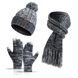 Personalizado melange acrílico misturado cor malha mulheres inverno gorro térmico chapéus e luvas & cachecol conjunto combinação para o tempo frio