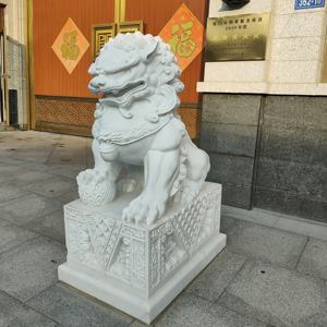 特大パティオ白大理石手彫り中国石2フー犬等身大像 - Product Image 3