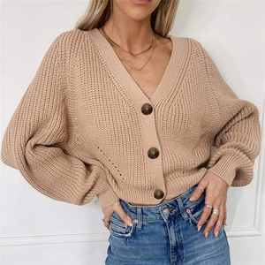 Cardigan tricoté pour femme, nouveau gilet surdimensionné avec col en v, manches chauve-souris, pull décontracté, ample, solide, automne, 2022 - Product Image 1