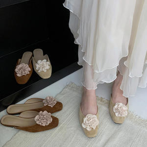 Demi-chaussons d'été à fleurs pour femmes, sabots mignons, chaussures plates en <span class=keywords><strong>daim</strong></span> à bout carré fermé pour femmes <span class=keywords><strong>Mules</strong></span> - Product Image 5