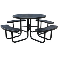 Grande table de pique-nique ronde en métal commerciale d'extérieur, ensemble de meubles de jardin, banc, table de patio, table à manger en acier avec trou pour parapluie