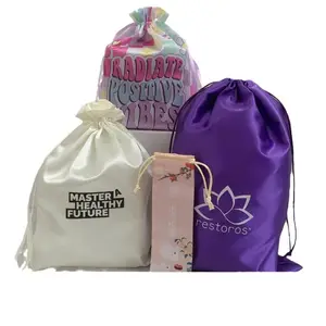 Bolsa de presente de cetim com logotipo personalizado, embalagem reutilizável para peruca de cabelo, sacola grande de seda para roupas com cordão