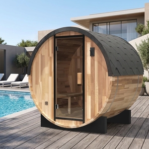Sauna extérieur en forme de baril pour 4 personnes - Cabane de luxe en cèdre et épicéa avec murs vitrés panoramiques, espace de détente idéal pour les villas de <span class=keywords><strong>jardin</strong></span> - Product Image 2