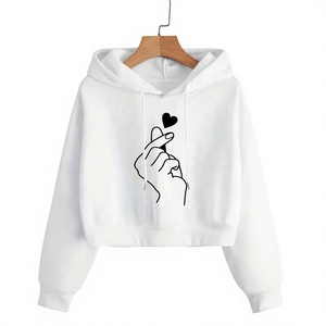 Sweat-shirt à capuche court blanc décontracté pour femme à manches longues avec imprimé cœur et main - Product Image 1