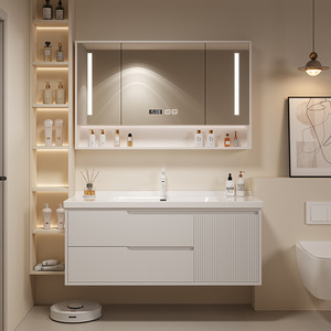 Ensemble de meubles de salle de bain en MDF avec lavabo simple, comptoir en marbre, armoires de lavabo, meubles de salle de bain avec miroir pour hôtel, villa - Product Image 1
