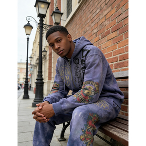 OEM Custom LOGO Printing Vintage and Distressed Look Streetwear Digital Printing 2-piece 400 GSM Heavyweight Men's Hoodie Set - Product Image 2