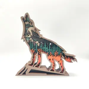 Hot sale Carved Multi Layer Wolf with LED Light Wood Table Decorations for Home Wooden Animals Carving Crafts