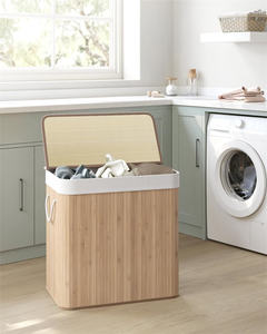 150 L 3 compartiments couvercle à clipser panier à linge en bambou pliable avec poignées pour buanderie, chambre et salle de bain - Product Image 2