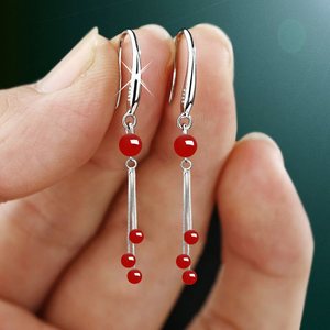 Chinese Style Green Agate Tassel Drop Earrings For Women Zinc Alloy Round Geometric Design ES 080 - Product Image 3