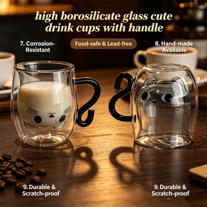 Accessoires pour boissons : Tasses à café, thé, lait en <span class=keywords><strong>verre</strong></span> borosilicate à double paroi, avec poignée en forme <span class=keywords><strong>de</strong></span> <span class=keywords><strong>queue</strong></span> <span class=keywords><strong>de</strong></span> chat mignonne, résistantes à la chaleur et isolées - Product Image 3