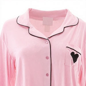 Pink Viscose Polyester Women <b>Pyjama</b> Set Long Sleeve Nightdress Sleepwear Heart Pocket Lounge Wear - Product Image 2