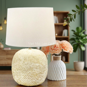 Lampe de table élégante faite à la main avec incrustation de nacre, LED électrique à intensité variable, culot E27, abat-jour personnalisable, blanc chaud 3500K - Product Image 3