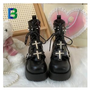 Barchon XY4335 bottes en cuir noir femmes chaussures métal Rivet croix Goth Punk Style femmes <span class=keywords><strong>botte</strong></span> <span class=keywords><strong>taille</strong></span> <span class=keywords><strong>43</strong></span> talons compensés plate-forme bottes - Product Image 3