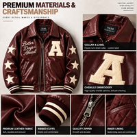 Blouson Bomber en Cuir Personnalisé avec Broderie Chenille, Veste Streetwear, Conception OEM Personnalisée, Blouson en Cuir Vintage, Commande en Gros