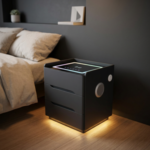 Modern Plastic Nightstand <b>bedside</b> <b>table</b> with 2 Drawers <b>LED</b> Lighting Wireless Charging Pad for Bedroom Furniture - Product Image 1