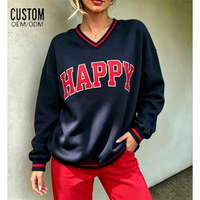 Sweat-shirt à capuche oversize personnalisé pour femme en molleton de coton style universitaire avec patchwork et col en V, imprimé, décontracté, pour le collège