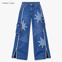 Jean en denim taille haute personnalisé pour femme, avec franges, patchwork étoile, poches cargo et coupe large pour tenue quotidienne