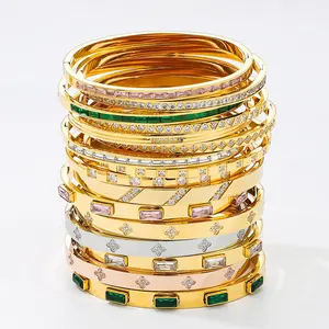 18K Gold Rose Plated Stainless Steel Fashion Waterproof Jewelry Open Cuff Diamond Evil Eye 4 4 Leaf Clover Bangle Bracelet