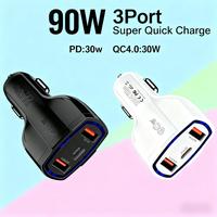 Chargeur de voiture 90W à 3 ports USB C PD 3.0, charge rapide, adaptateur allume-cigare Type C + USB A 30W 12V 24V 90W