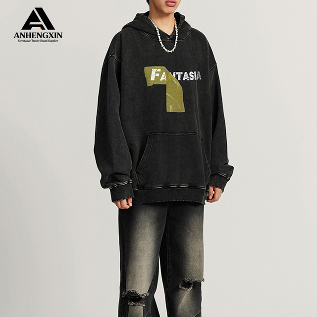 Custom Men's Winter Oversized Acid Wash Printed Graphic French Terry Cotton Pullover Hoodie Streetwear Drop Shoulder Heavyweight