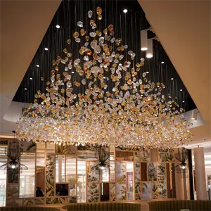 Factory Customized Hotel Villa Lobby Stainless Steel Stone Modern Pendant Lighting Crystal Chandelier
